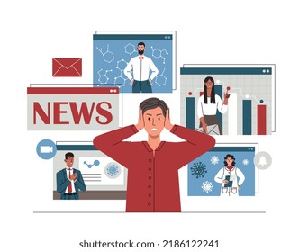 Information detox concept. Man covers ears with hands, tired of news. Information garbage and oversaturation with rumors. Modern pace of life and social networks. Cartoon flat vector illustration