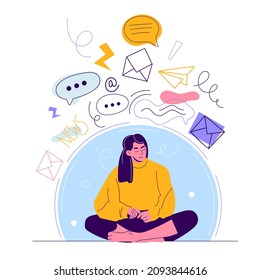 Information detox. Digital addicted woman. Spam protection field. Girl in meditation. Barrier against unnecessary data. Person in dome from news and messenger pressure. Vector concept svg