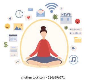 Information Detox. Digital Detox. Dome Filter Protects Woman From Unnecessary Information. Information Overload Concept. Meditation.  Vector Flat Illustration
