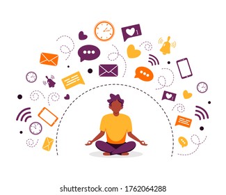 Information detox and meditation. Black man meditating in lotus pose. Digital detox concept. Vector illustration in flat style.