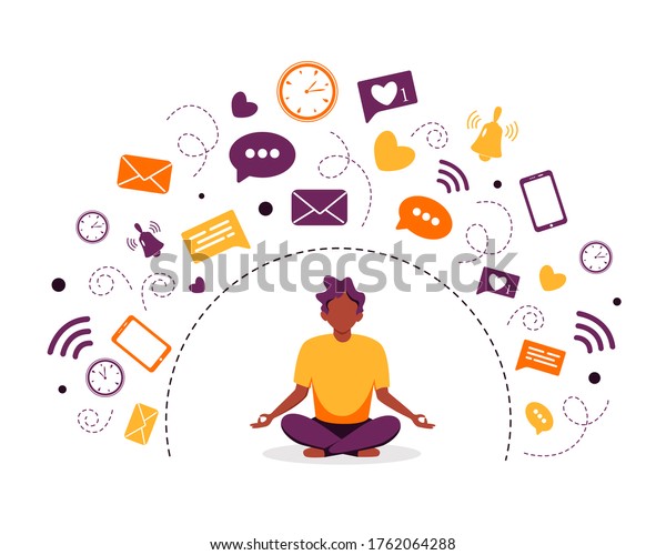 Information detox and meditation. Black man\
meditating in lotus pose. Digital detox concept. Vector\
illustration in flat\
style.