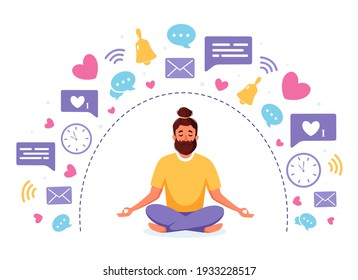 Information detox and meditation. Man meditating in lotus pose. Digital detox concept. Vector illustration.