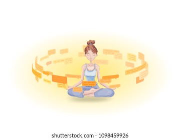 Information detox and meditation. Meditating young woman practicing in the midst of text messages and speech bubbles. Flat vector illustration. Isolated on white background.
