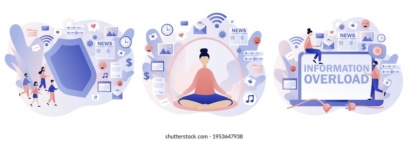 Information detox. Information overload concept. Tiny people protect themselves from unnecessary info. Digital detox and meditation. Modern flat cartoon style. Vector illustration on white background