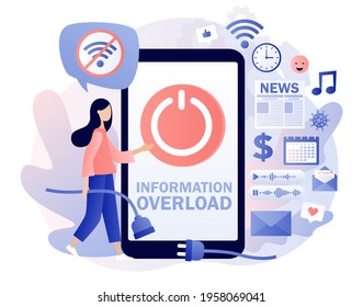 Information detox. Information overload. Tiny girl protecting themselves from flow of information and news turning off smartphone. Digital detox. Modern flat cartoon style. Vector illustration