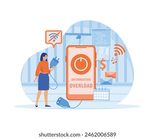 Information detox. Information overload. Tiny girl protecting themselves from flow of information and news turning off smartphone. flat vector modern illustration 