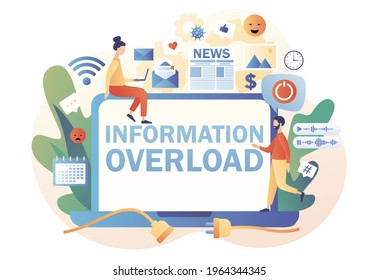 Information detox. Information overload. Tiny people protecting themselves from flow of information and news turning off laptop. Digital detox. Modern flat cartoon style. Vector illustration