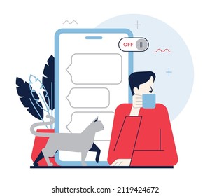 Information and digital detox. Characters taking rest from digital devices. Disconnected gadget. Healthy ballanced life with modern technology. Flat vector illustration