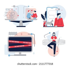 Information and digital detox set. Characters taking rest from digital devices. Disconnected gadget. Healthy ballanced life with modern technology. Flat vector illustration