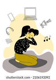 Information and digital overloading concept. Exhausted and tiered woman seats on the floor and gets too much information from different media    sources. Vector illustration.