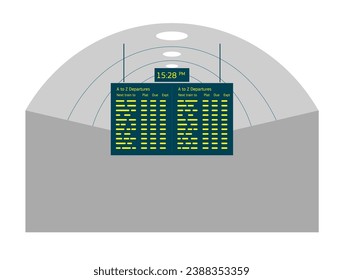 Information digital panel, board showing departures hanging from the roof of a train station. Icon, symbol. Flat style colorful vector illustration isolated on white background.