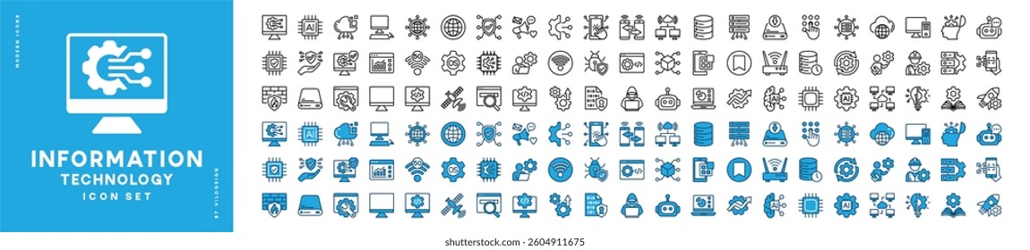 Information digital technology icon set. Containing computer, network, web, cyber security, communication, connection, datum, AI, device, server, internet, code, app, machine learning, robot and more
