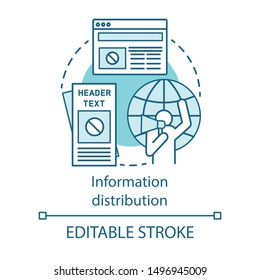 Information distribution concept icon. Nonviolent resistance, propaganda idea thin line illustration. Activist with megaphone, flyers and online news vector isolated outline drawing. Editable stroke
