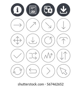 Information, download and report signs. Arrows line icons. Download, upload, check or tick symbols. Refresh, fullscreen and shuffle thin outline signs. Question and answer or Q&A symbol. Flat buttons