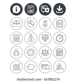 Information, download and report signs. Business icons. Businessman, briefcase and documents symbols. Presentation pie chart, money bag and justice scales thin outline signs. Dollar USD currency