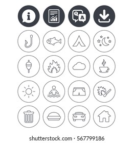 Information, download and report signs. Camping and fishing icons. Tourist tent, fire and match symbols. Coffee cup and hamburger. Car and house. Fish, hook and float bobber thin outline signs