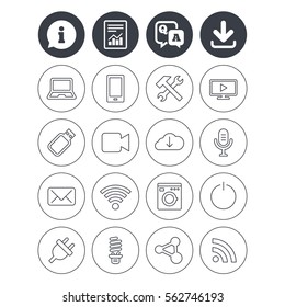Information, download and report signs. Devices and technologies icons. Notebook, smartphone and wi-fi symbols. Usb flash, video camera, microphone thin outline signs. Vector
