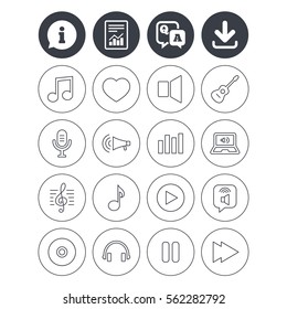 Information, download and report signs. Music icons. Musical note, acoustic guitar and microphone. Notebook, dynamic and headphones symbols. Question and answer or Q&A symbol. Flat buttons. Vector