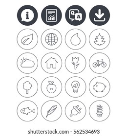 Information, download and report signs. Nature and Eco icons. Trees, leaf and tulip or rose flower. Planet and water drop. Energy saving lamp, electric plug and house building. Vector