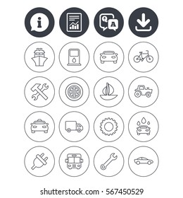 Information, download and report signs. Transport and services icons. Ship, car and public bus, taxi. Repair hammer and wrench key, wheel and cogwheel. Sailboat and bicycle. Vector