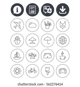 Information, download and report signs. Travel icons. Ship, plane and car transport. Beach umbrella, palms and cocktail. Swimming trunks. Rose or tulip flower. Question and answer or Q&A symbol