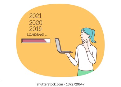 Information downloading, software and technologies concept. Young smiling business woman cartoon character standing with laptop and loading data from previous years from internet cloud 
