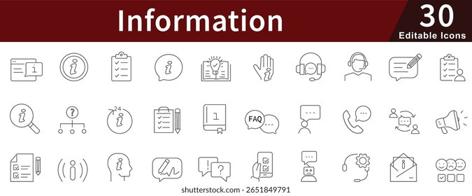 Conjunto de iconos de línea editables de información para conceptos de datos, conocimiento, comunicación y acceso digital