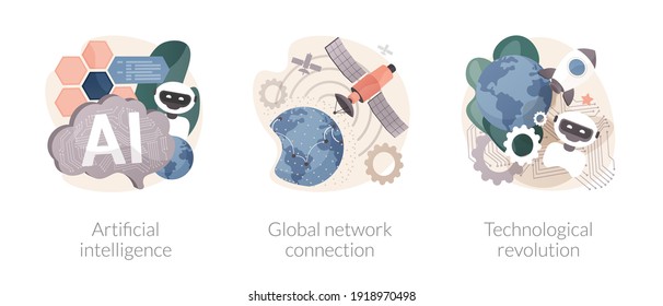 Information era abstract concept vector illustration set. Artificial intelligence, global network connection, technological revolution, cognitive computing, machine learning abstract metaphor.