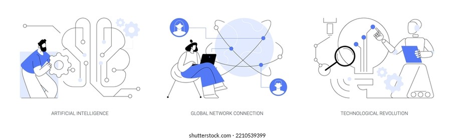 Information era abstract concept vector illustration set. Artificial intelligence, global network connection, technological revolution, cognitive computing, machine learning abstract metaphor.