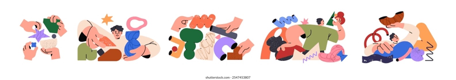 Information exchange, communication, sharing and building opinions concept set. People with abstract shapes. Creative ideas flow, solving tasks. Flat vector illustration isolated on white background