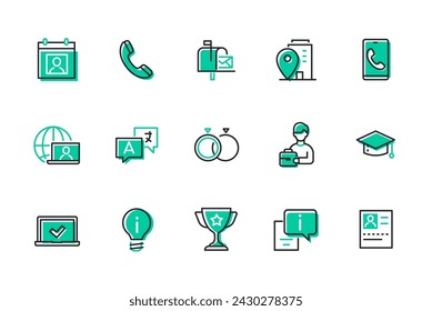 Information exchange - set of line design style icons isolated on white background. High quality images of Internet, smartphone, correspondence, idea and knowledge, resume, award, work and achievement