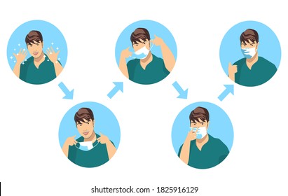 Information of face mask wearing step. A man in green shirt is showing how to wear the protective mask by himself.