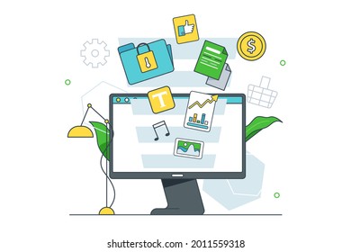 La información cae de la pantalla del ordenador. Criptodivisa vectorial, gráfico, material personal estilo de arte de línea. Concepto de tecnología, almacenamiento de datos y servicios virtuales