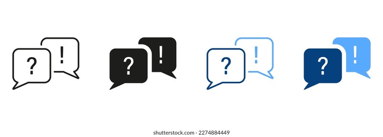 Information FAQ Pictogram. Exclamation Mark and Question Mark on Speech Bubble Line and Silhouette Icon Set. Dialog Talk, Discussion Ask and Answer Sign Collection. Isolated Vector Illustration.