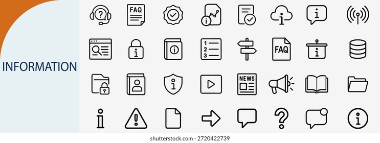 Conjunto de Asistencias de información y preguntas frecuentes, iconos de vector de contorno plano, estilo de línea negra