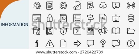 information and faq support set, flat outline vector icons, black line style