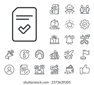 Information File with Check sign. Salaryman, gender equality and alert bell outline icons. Checked Document line icon. Correct Paper page concept symbol. Checked file line sign. Vector