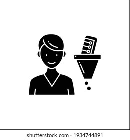 Information filtering system glyph icon. Filtering information, searching for truthful info.Information overload concept.Filled flat sign. Isolated silhouette vector illustration