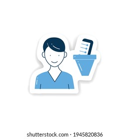 Aufkleber für das Informationssystem Filtern von Informationen, Suchen nach wahrheitsgetreuen Infoplätzen für Designs.Informationsüberladung, Vektorsymbol