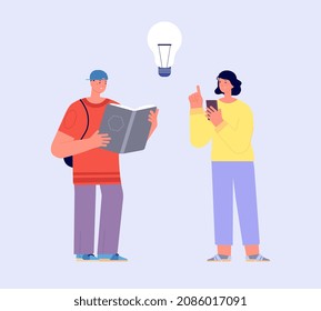 Information finding. Books or digital technologies. People read book and using smartphone. Traditional modern study concept. Media and public resources, find solution, vector characters
