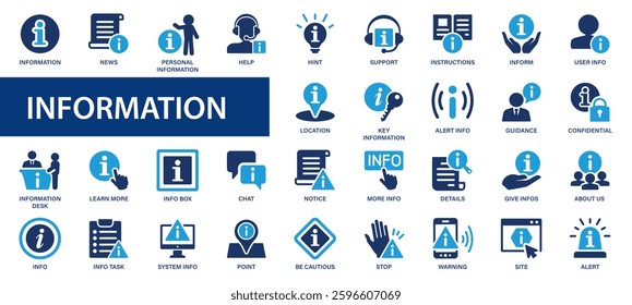 Information flat icons set. Info, support, manual, guide, inform, rule, instructions, help icons and more signs. Flat icon collection.