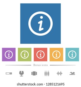 Information flat white icons in square backgrounds. 6 bonus icons included.