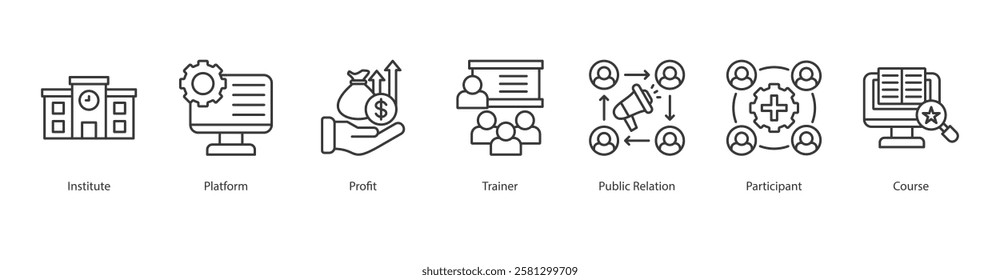 Information Flow Outline Icon Sheet Course, Institute, Platform, Profit, Trainer, Public Relation, Participant