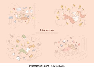Information flow, traditional vs modern sources of knowledge, people reading, chatting online banner
