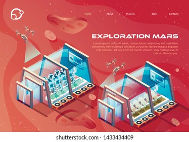 Information Flyer Exploration Mars Lettering. Farm in Specialized Room on an Uninhabited Planet. Smart Drones Fly Over Transparent Truss Structure. Vector Illustration Landing Page.