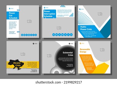 Information flyer template set, vector illustration. Existential Crisis, ukraine crisis. Renewable energy, power interruption schedule