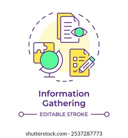 Ícone de conceito de várias cores de coleta de informações. Processo de engenharia reversa. Recolha de dados para investigação. Ilustração de linha de forma redonda. Ideia abstrata. Design gráfico. Fácil de usar no artigo