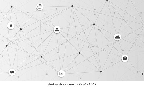 Tecnología de la información o de la comunicación global con puntos y líneas de conexión e iconos de negocios. Ilustración vectorial.
