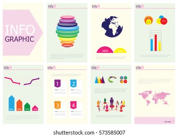 Information graphic collection of sheets with world map, signs, symbols, charts. 
