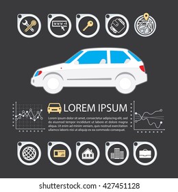 Information Graphics design element and vehicle. Illustrations for the use of imaging information about the car and transport. Set elements of infographics.
